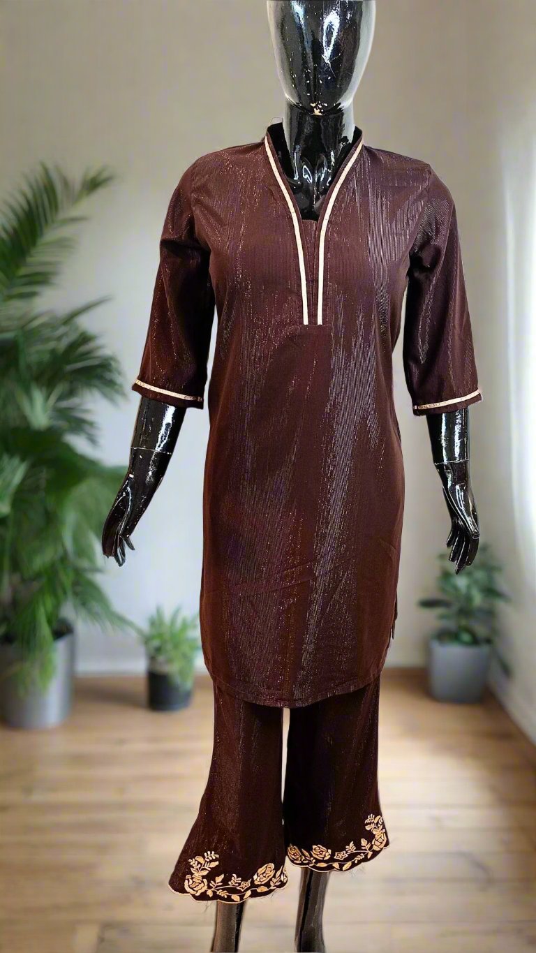 Brown shimmer coord set with Zari embroidery