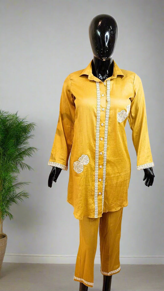 Mustard patch & lace work coordset