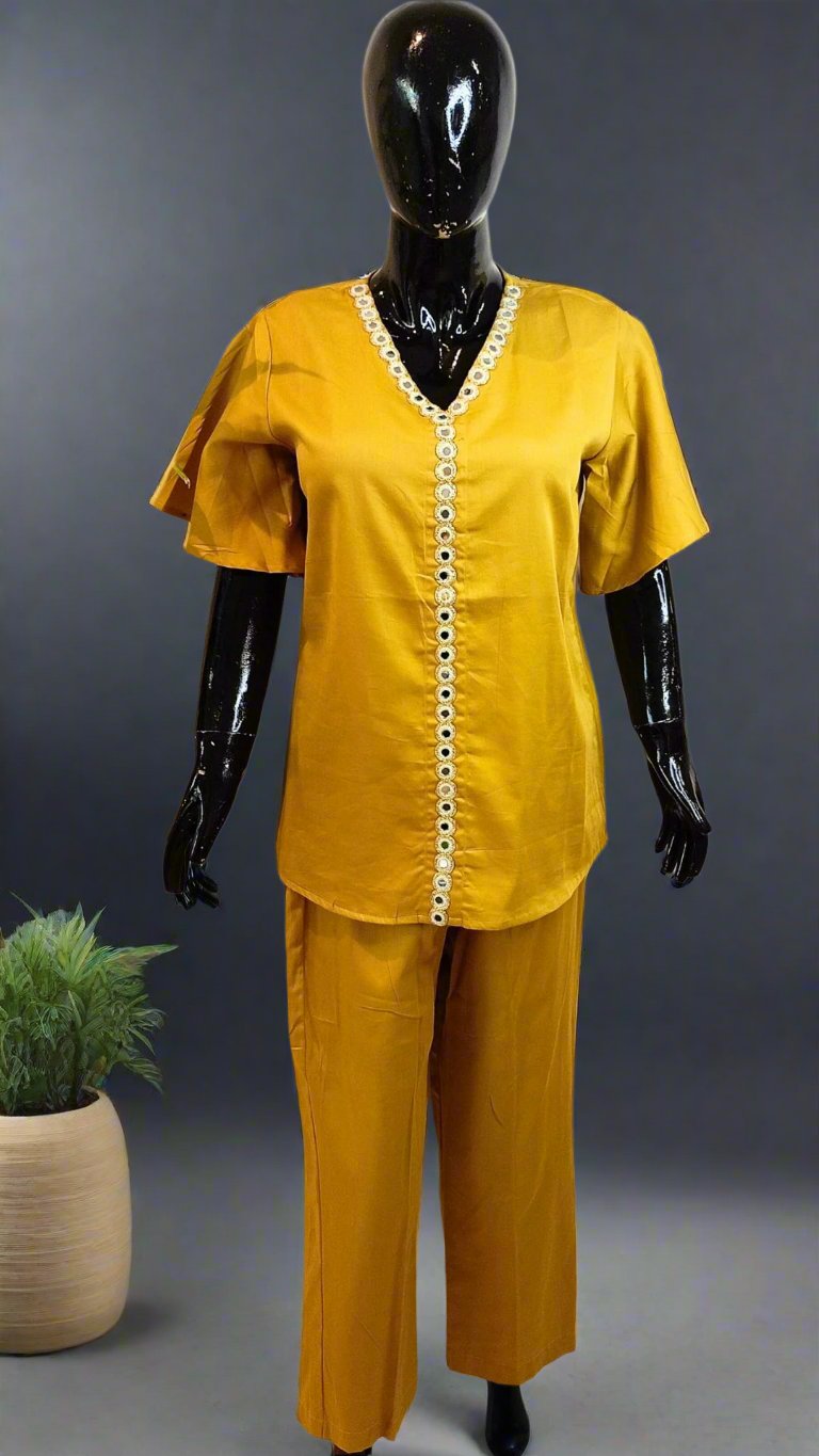 Yellow Cotton Coord Set with Mirror Lace Work