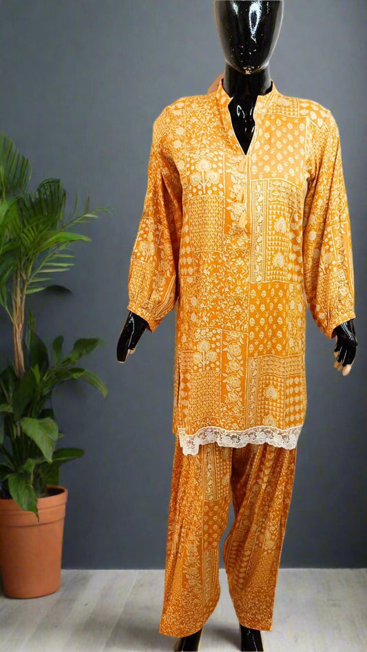 Yellow  printed kurta salwar set