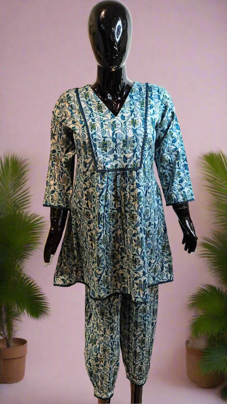 Kantha Cotton Blue Print Coord Set