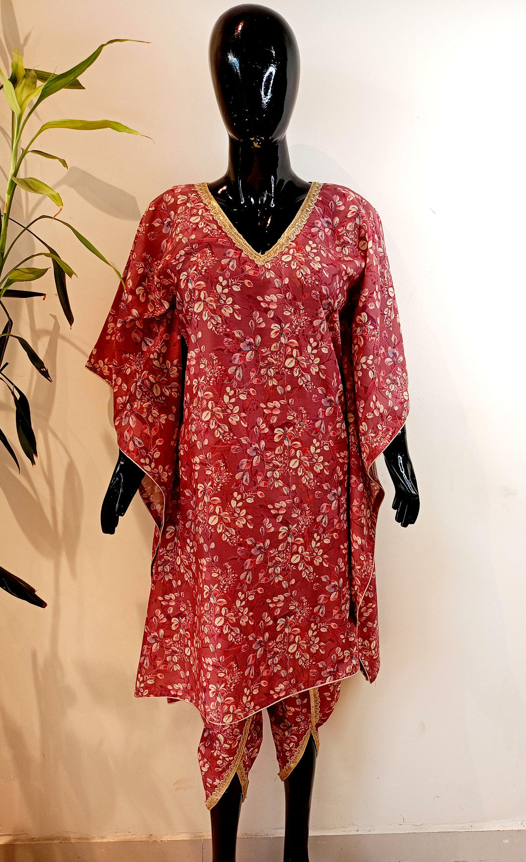 Printed muslin kaftan styled with tulip pant